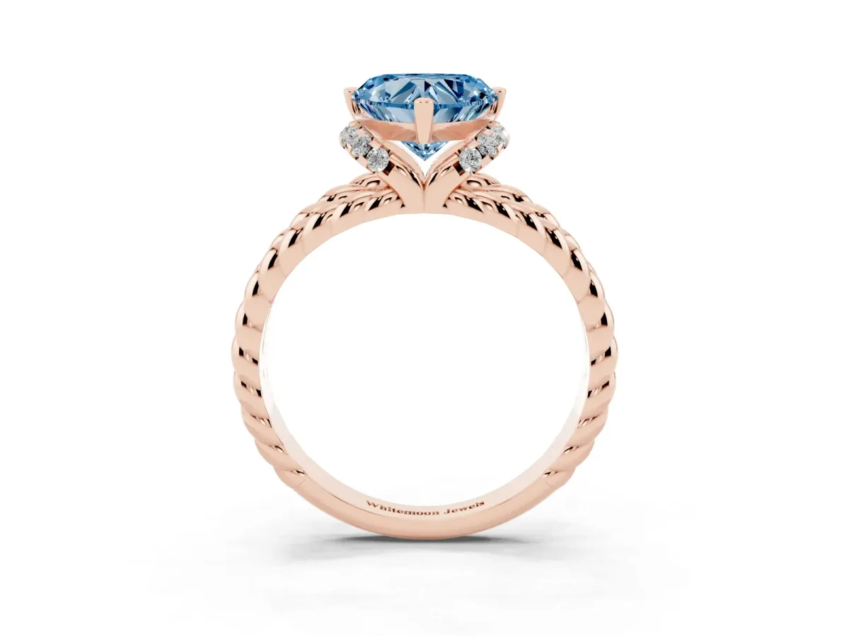 Fancy Blue Heart Cut Halo Twisted Band Four-Prong Ring Rose gold