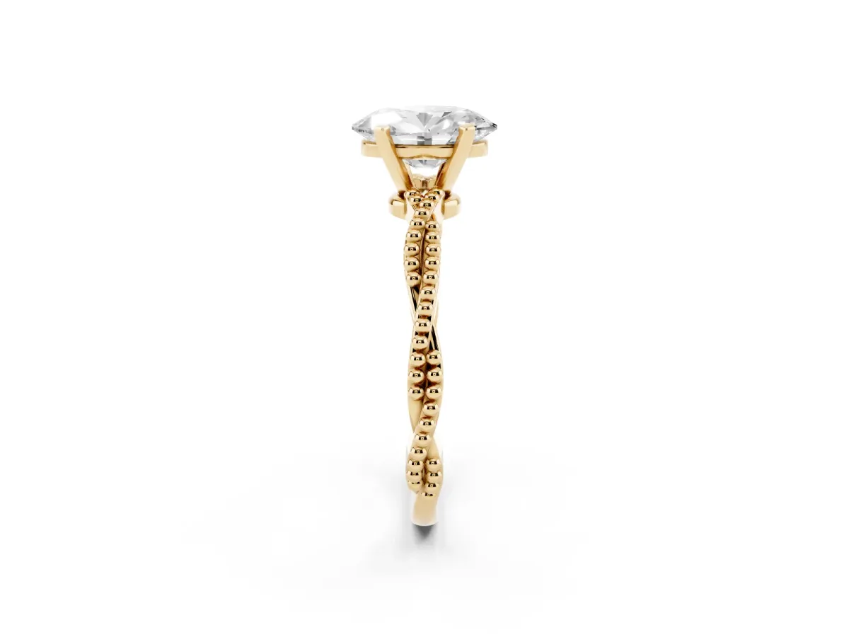 Oval Cut Solitaire Twisted Band with Bead Prong Setting Yellow gold