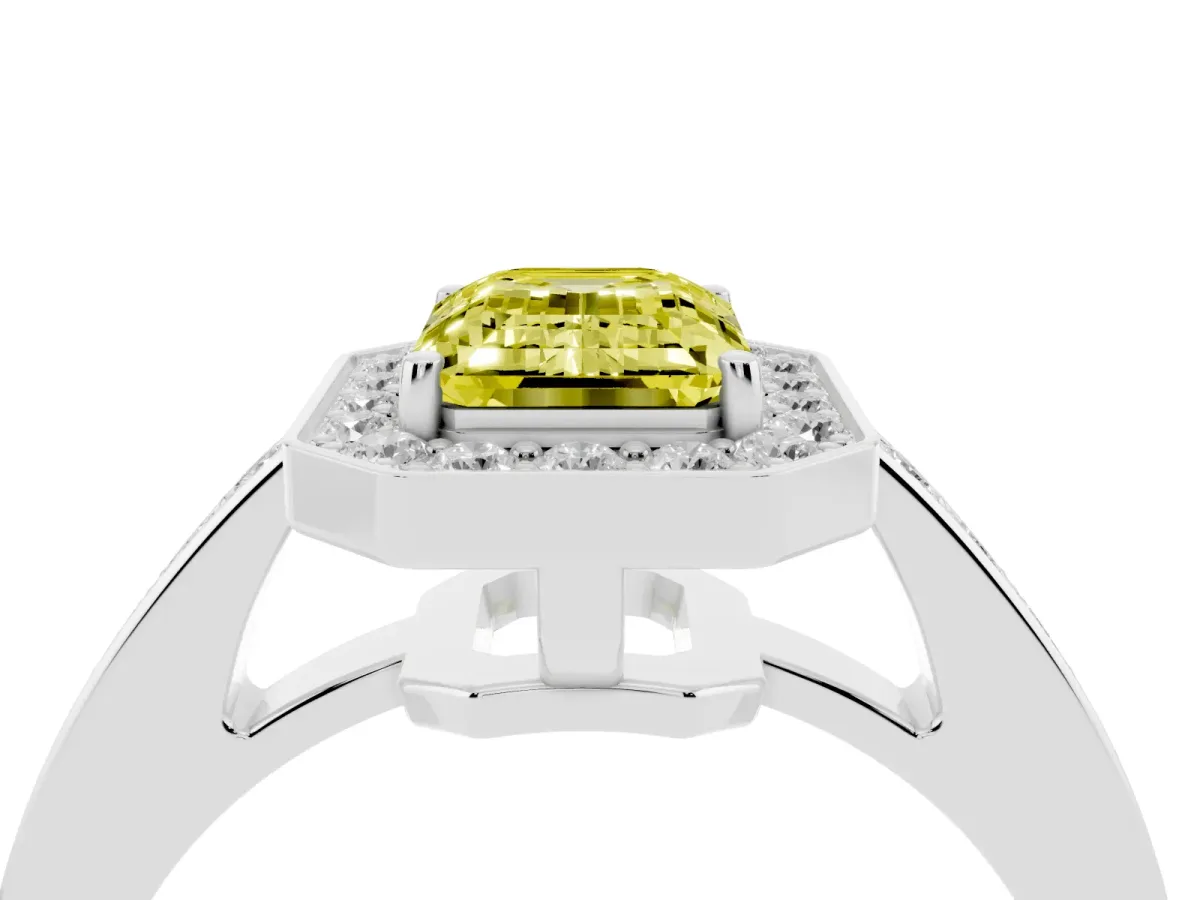 Fancy Yellow Emerald Cut Halo Pavé Diamond Engagement Ring with Bezel Setting Silver
