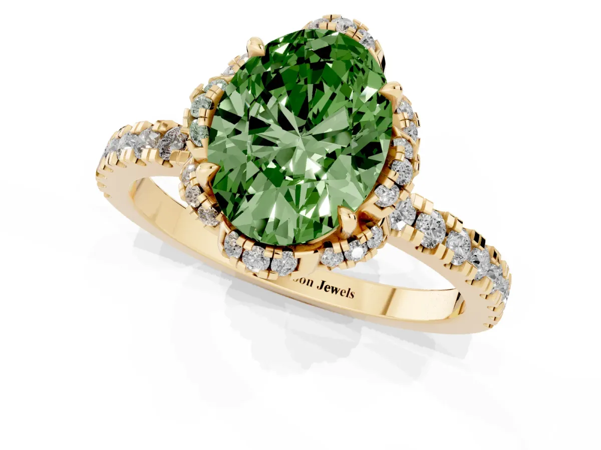 Fancy Green Oval Cut Halo Diamond Pave Band Ring with Four-Prong Setting Yellow gold