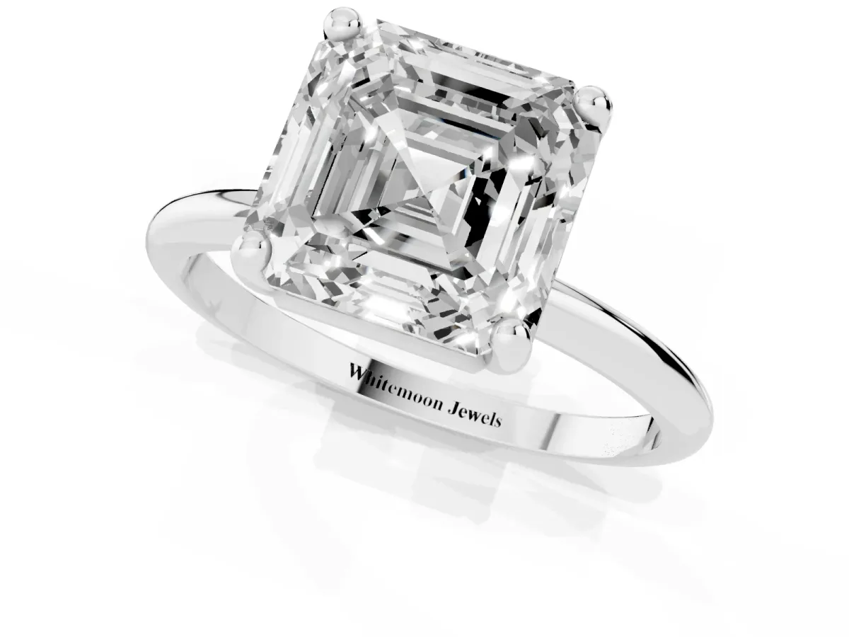 Asscher Cut Solitaire Diamond Ring with 4-Prong Setting on a Classic Band Platinum