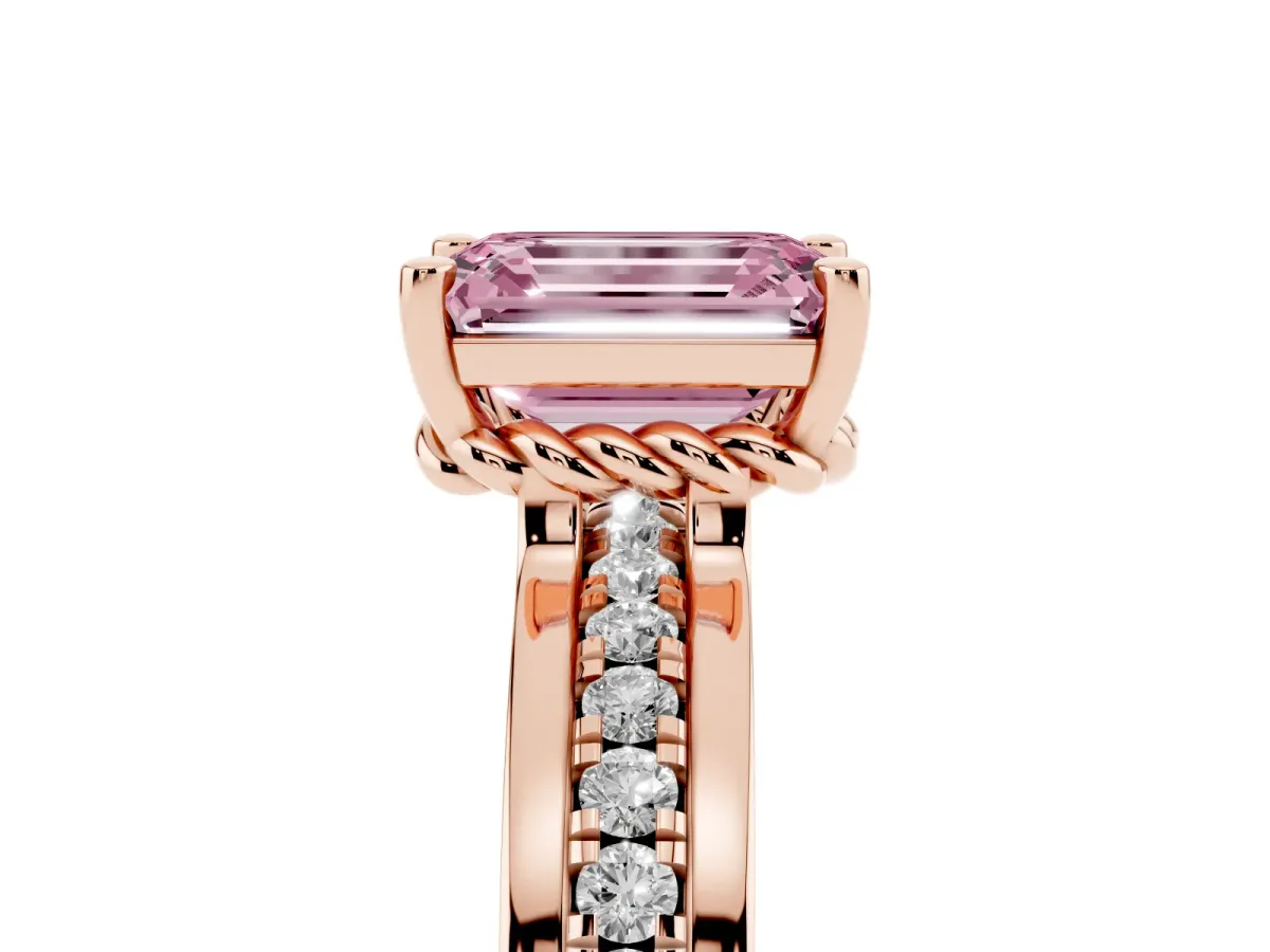 Fancy Pink Emerald Cut Solitaire Diamond Ring with Channel Set Band and Six-Prong Setting Rose gold