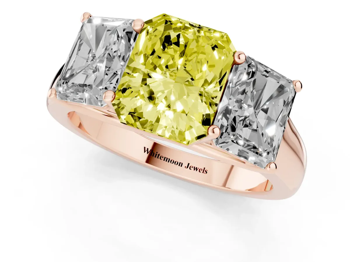 Fancy Yellow Radiant Cut Three-Stone Diamond Ring with Prong Setting on a Classic Band Rose gold