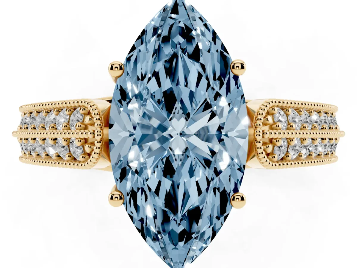 Fancy Blue Marquise Cut Cut Pave Split Shank Engagement Ring with Four-Prong Setting Yellow gold