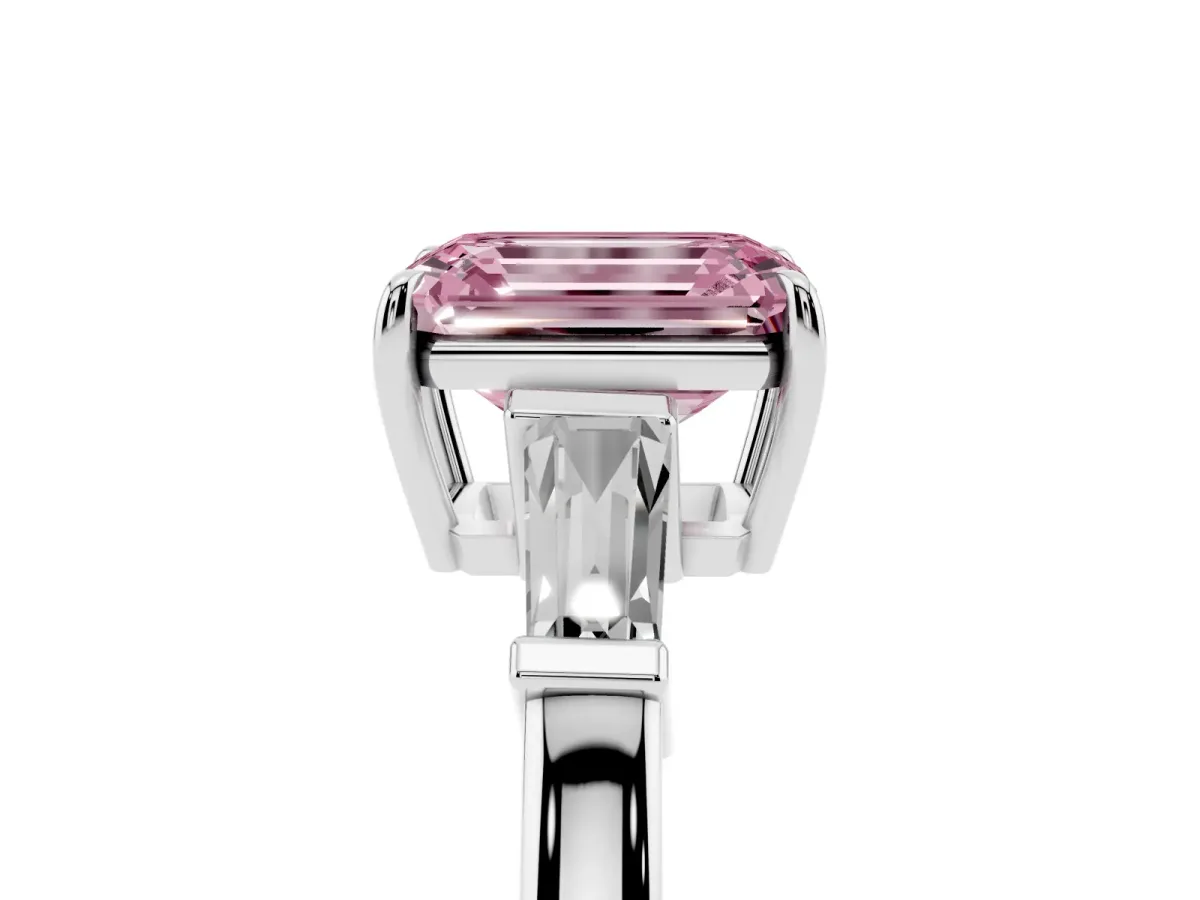 Fancy Pink Emerald Cut Diamond Three-Stone Ring with Tapered Baguette Side Stones and Prong Setting Platinum