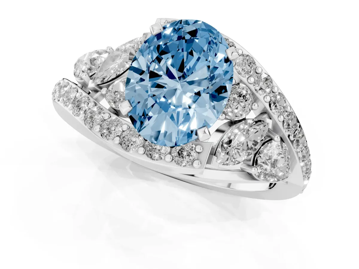 Fancy Blue Oval Cut Diamond Halo Ring with Marquise and Pavé Band in Prong Setting White gold