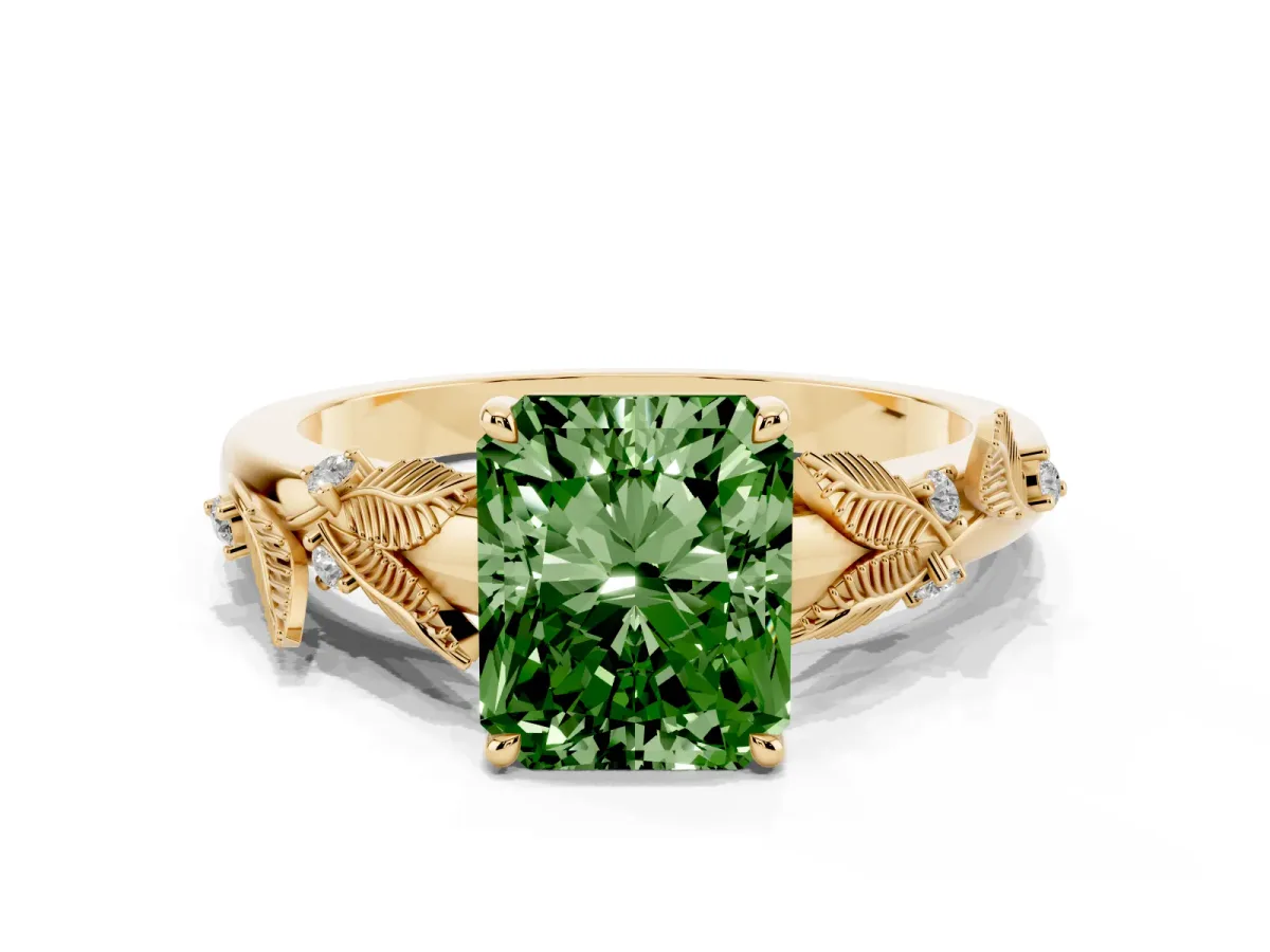 Fancy Green Radiant Cut Diamond Solitaire Ring with Leaf Motif Band and Four-Prong Setting Yellow gold