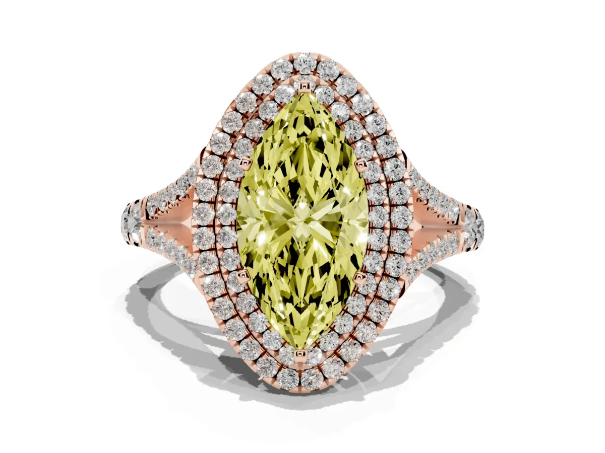Fancy Yellow Marquise Cut Cut Double Halo Split Shank Diamond Ring with Prong Setting Rose gold