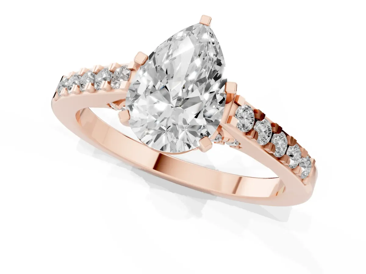Pear Cut Diamond Solitaire Ring with Crossover Gallery and Round Pavé Band Rose gold
