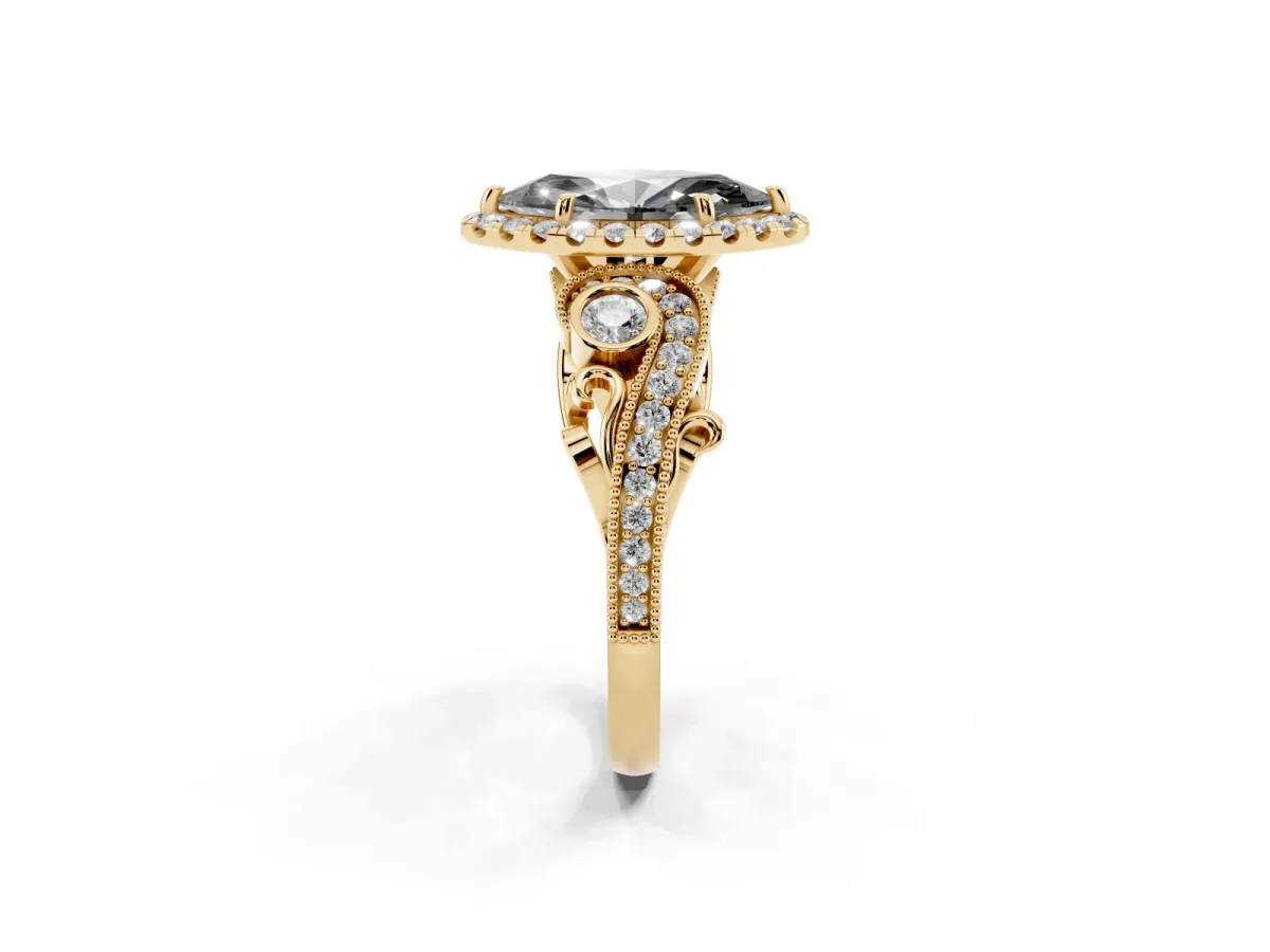 Fancy Black Marquise Cut Halo Diamond Ring with Milgrain and Bezel Accents on a Split Shank Band Yellow gold