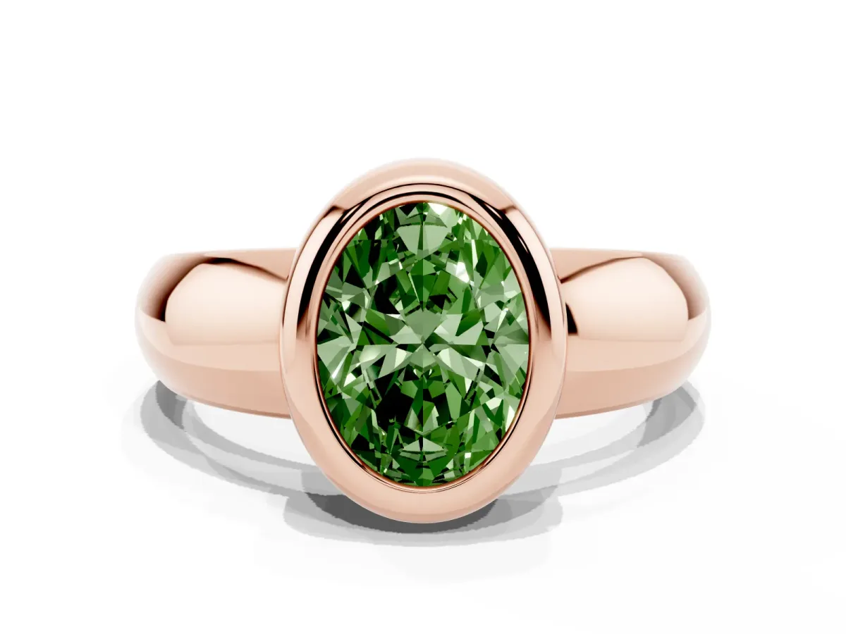 Fancy Green Bezel Set Oval Cut Solitaire Ring with Wide Band Rose gold