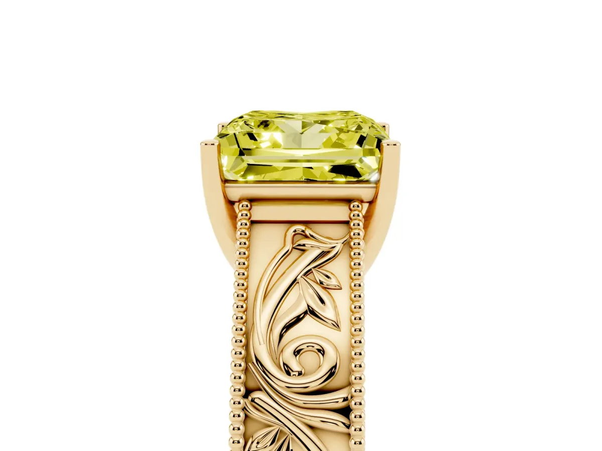 Fancy Yellow Princess Cut Diamond Solitaire Ring with Engraved Band and Four-Prong Setting Yellow gold