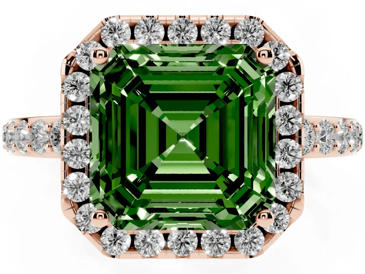 Fancy Green Asscher Cut Halo Diamond Pavé Band Ring with Prong Setting Rose gold