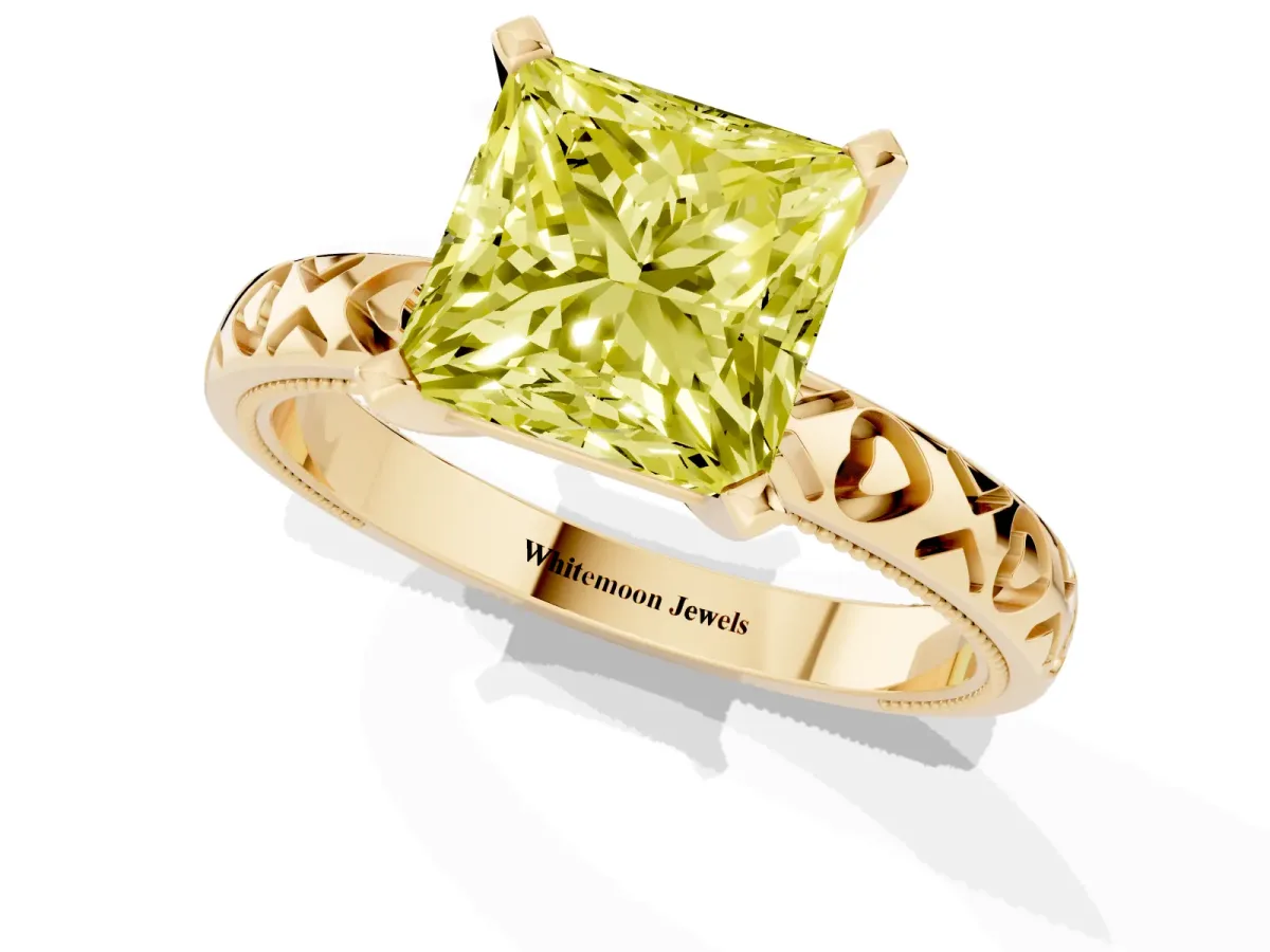 Fancy Yellow Princess Cut Solitaire Diamond Engagement Ring with XO Engraved Band and Four-Prong Setting Yellow gold