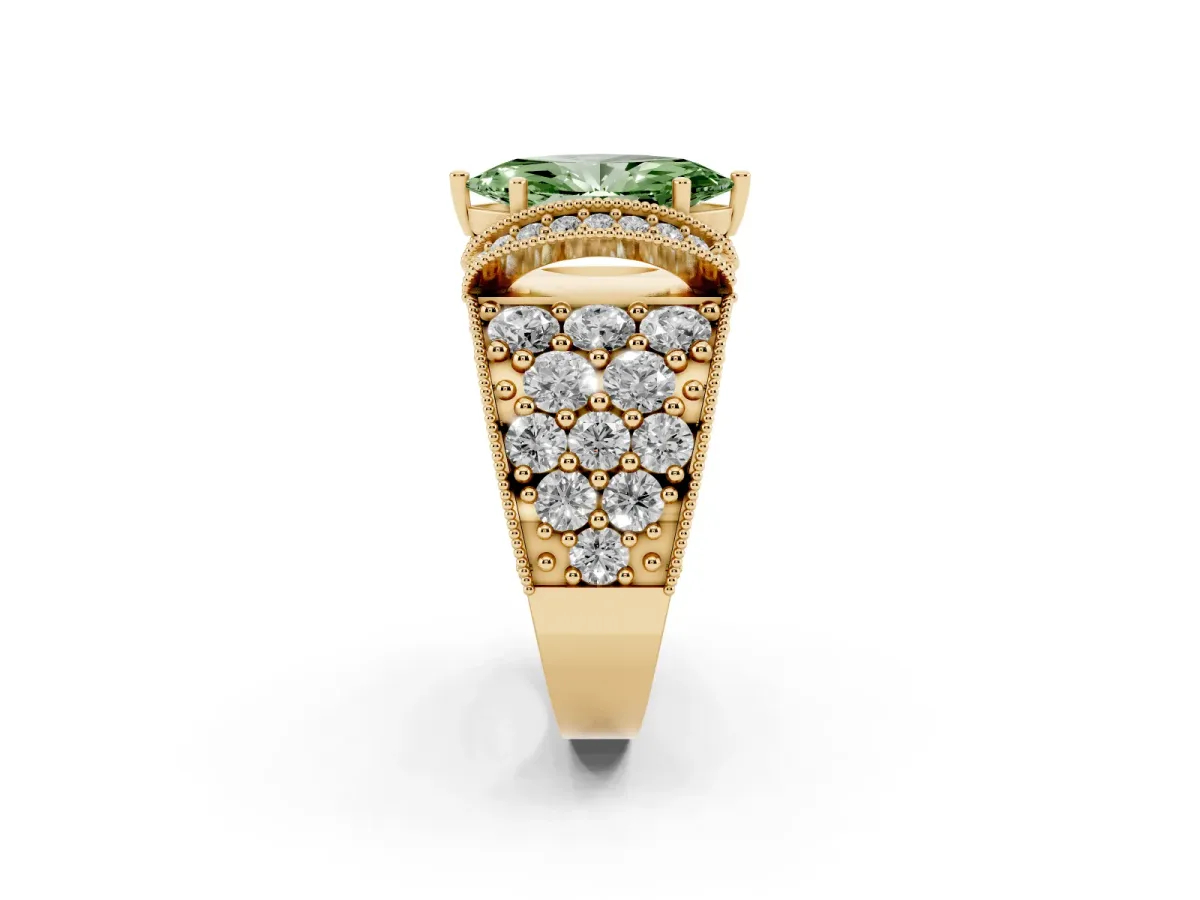 Fancy Green Marquise Cut Halo Pave Diamond Engagement Ring with Milgrain Detailing Yellow gold