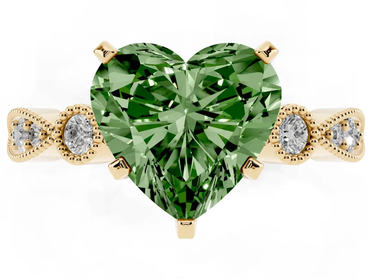Fancy Green Heart Cut Milgrain Bezel Diamond Engagement Ring with Solitaire Prong Setting Yellow gold