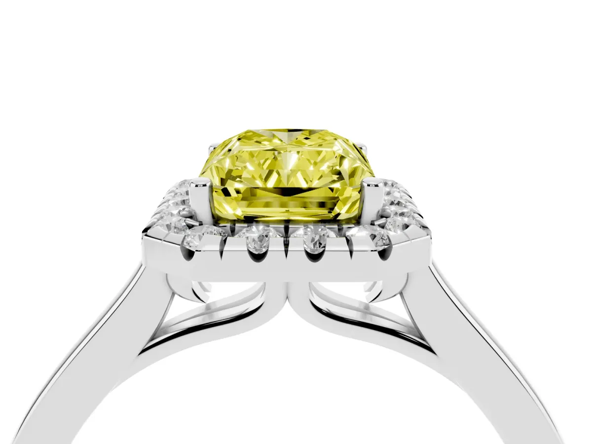 Fancy Yellow Radiant Cut Halo Round Diamond Solitaire Ring with Pavé Band and Four-Prong Setting Silver