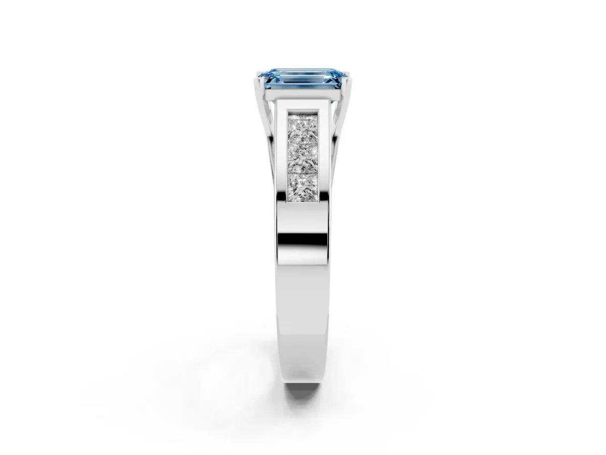 Fancy Blue Emerald Cut Cut Channel Set Solitaire Ring with Four-Prong Setting Platinum
