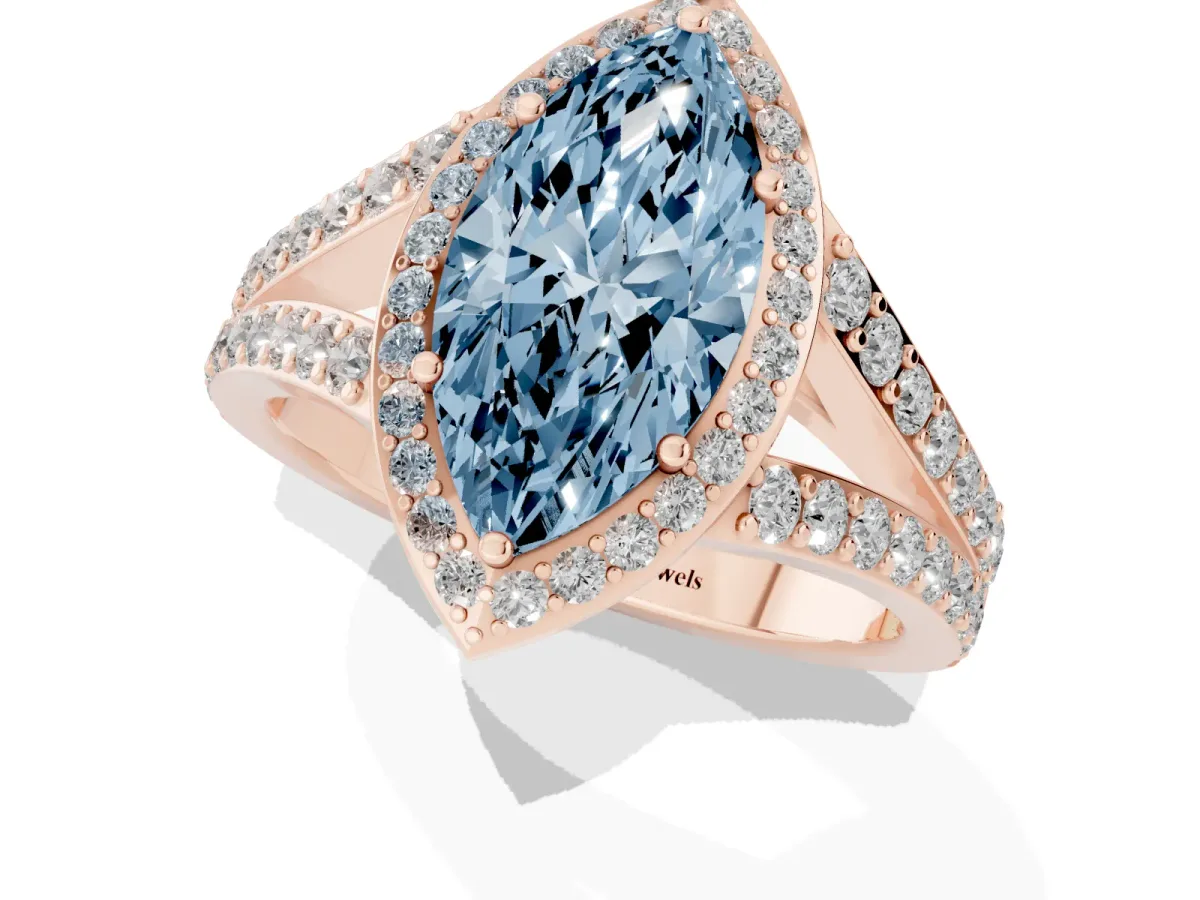 Fancy Blue Marquise Cut Diamond Split Shank Halo Ring with Four-Prong Setting Rose gold