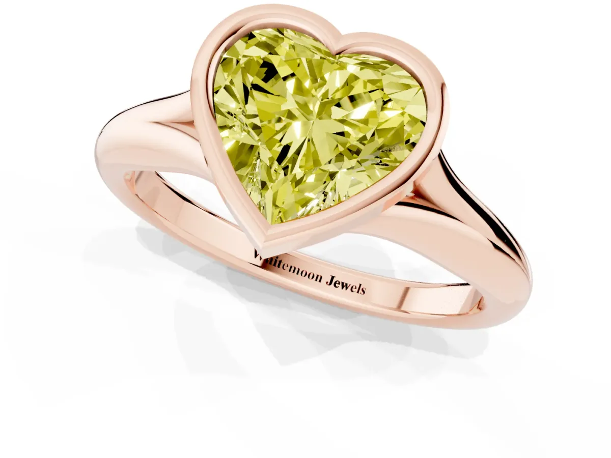 Fancy Yellow Bezel Set Heart Cut Solitaire Diamond Ring with Smooth Band Rose gold