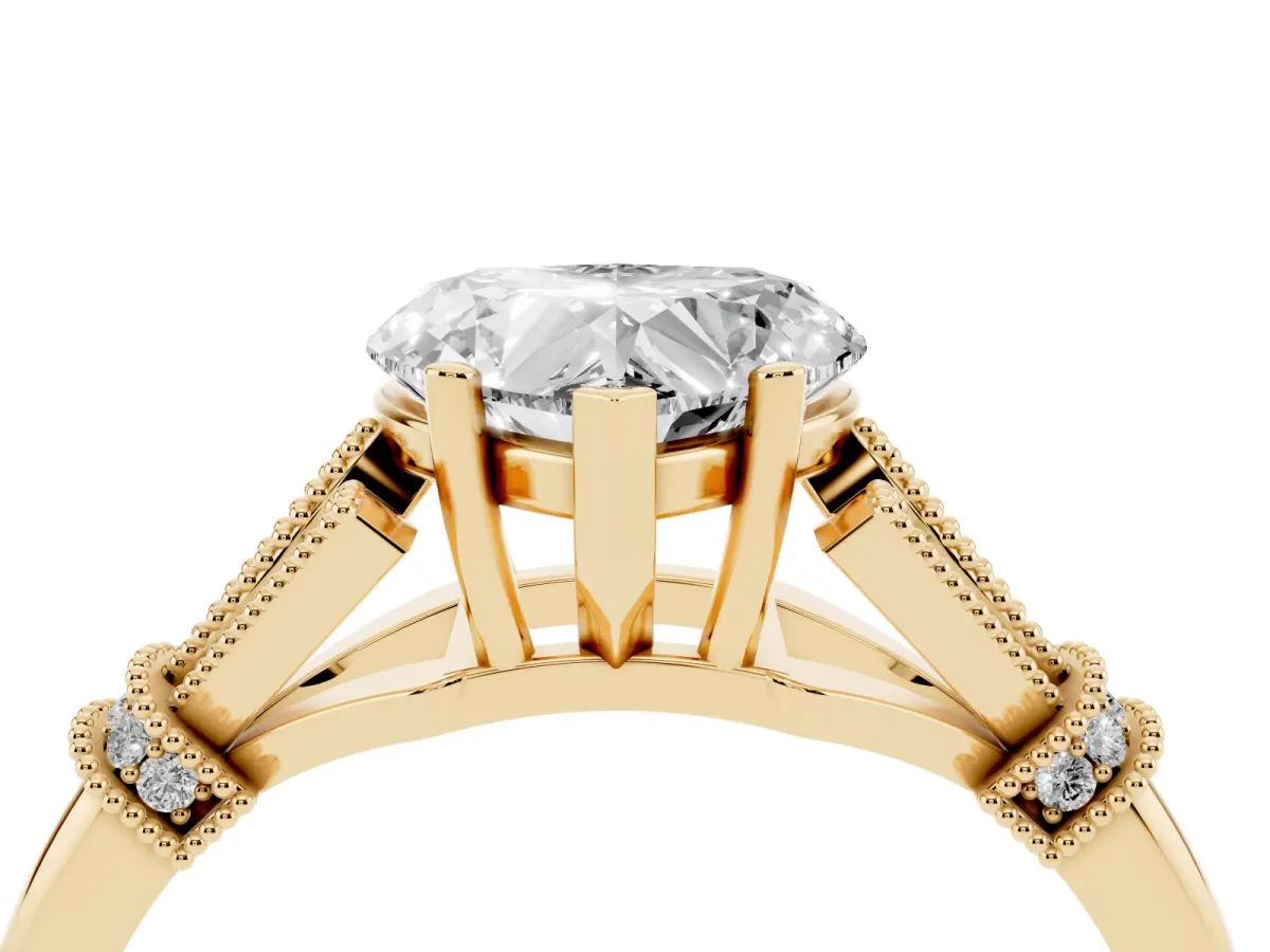 Heart Cut Diamond Solitaire Ring with Floral Filigree and Pave Accents Yellow gold