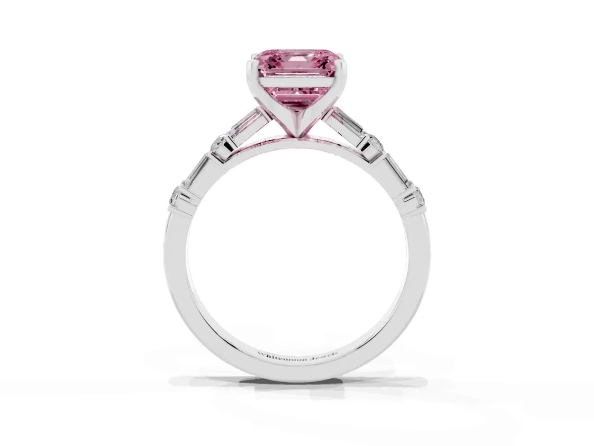 Fancy Pink Asscher Cut Diamond Solitaire with Side Baguettes and Channel Set Band Silver