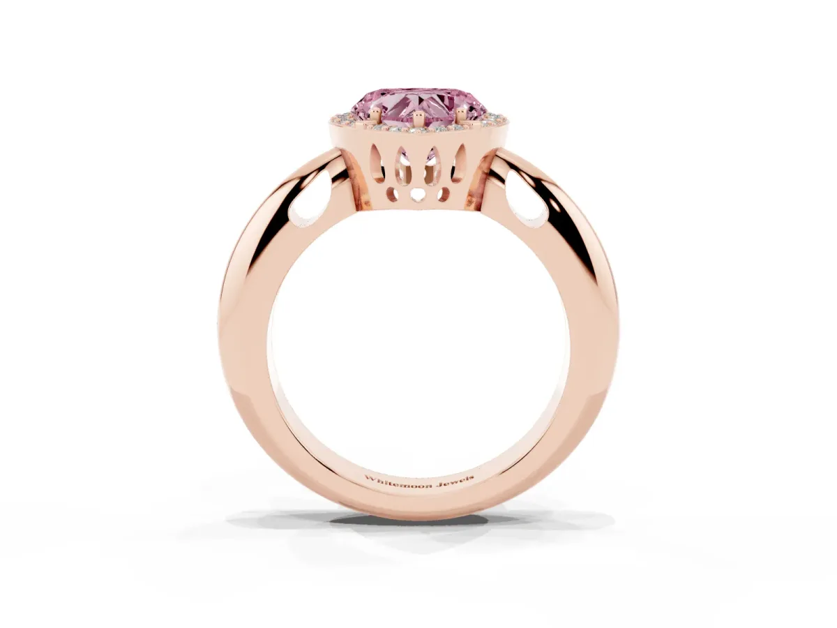 Fancy Pink Heart Cut Cut Diamond Halo Engagement Ring with Split Shank and Four-Prong Setting Rose gold