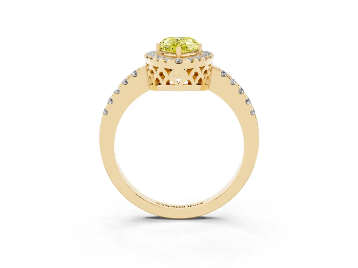 Fancy Yellow Pear Cut Halo Diamond Engagement Ring with Pavé Band and Four-Prong Setting Yellow gold