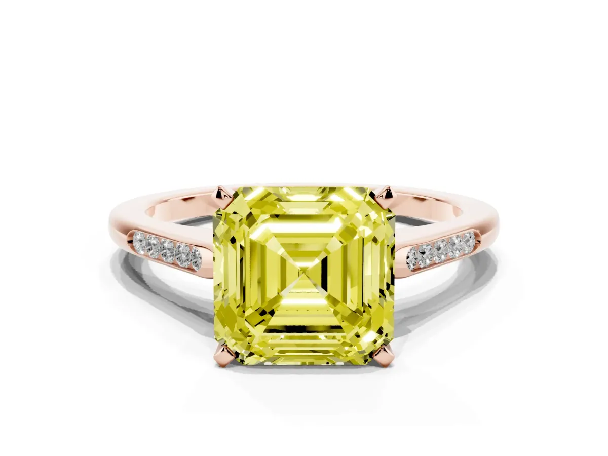 Fancy Yellow Asscher Cut Diamond Solitaire Ring with Channel Set Round Band and Prong Setting Rose gold