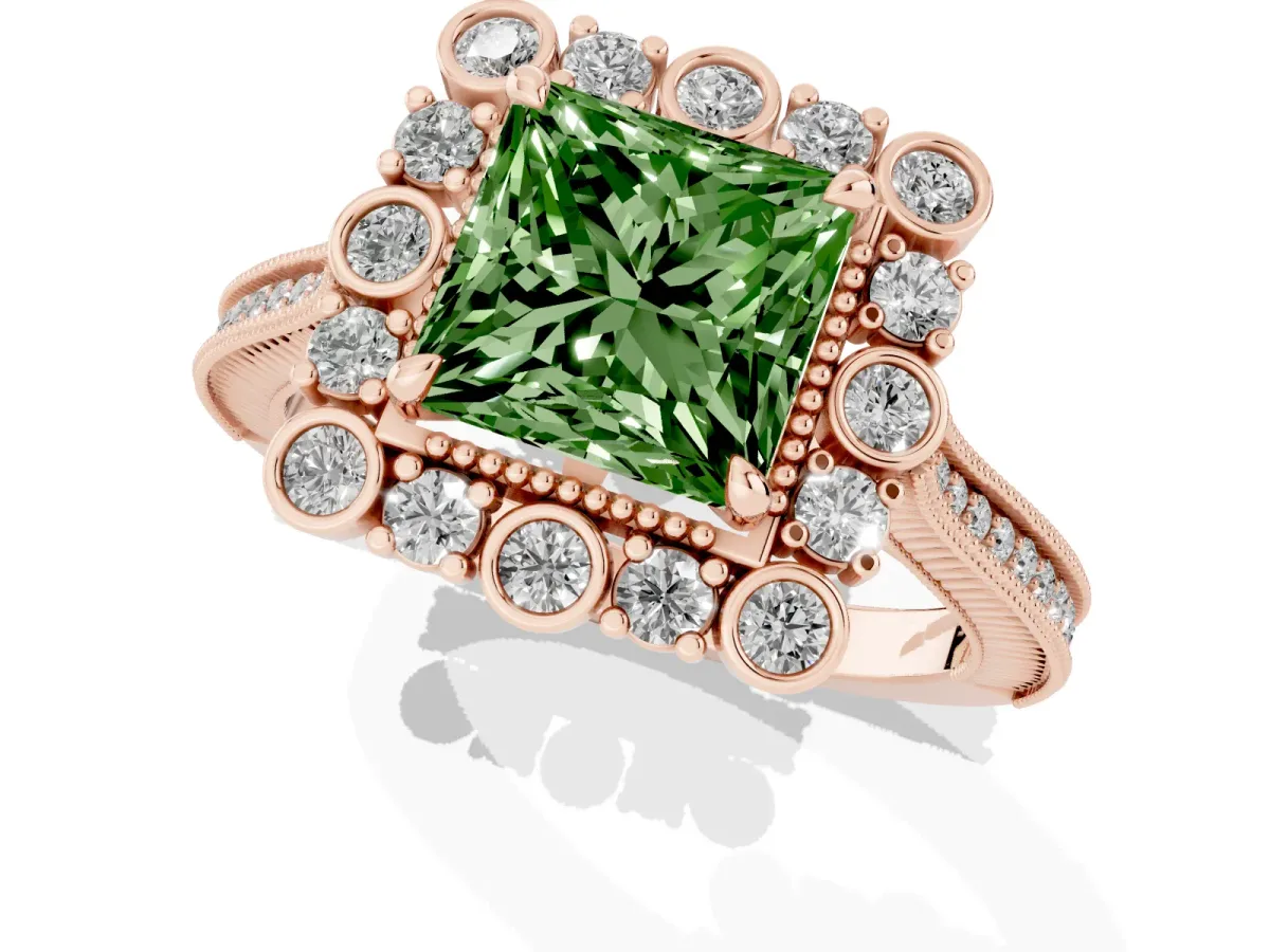 Fancy Green Princess Cut Halo Milgrain Pave Diamond Ring with Four-Prong Setting Rose gold
