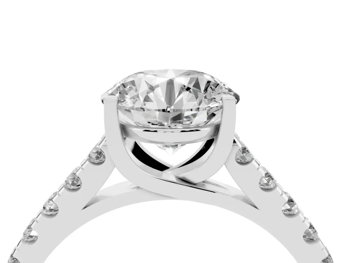 Round Cut Diamond Pavé Band Solitaire Ring with Prong Setting Silver