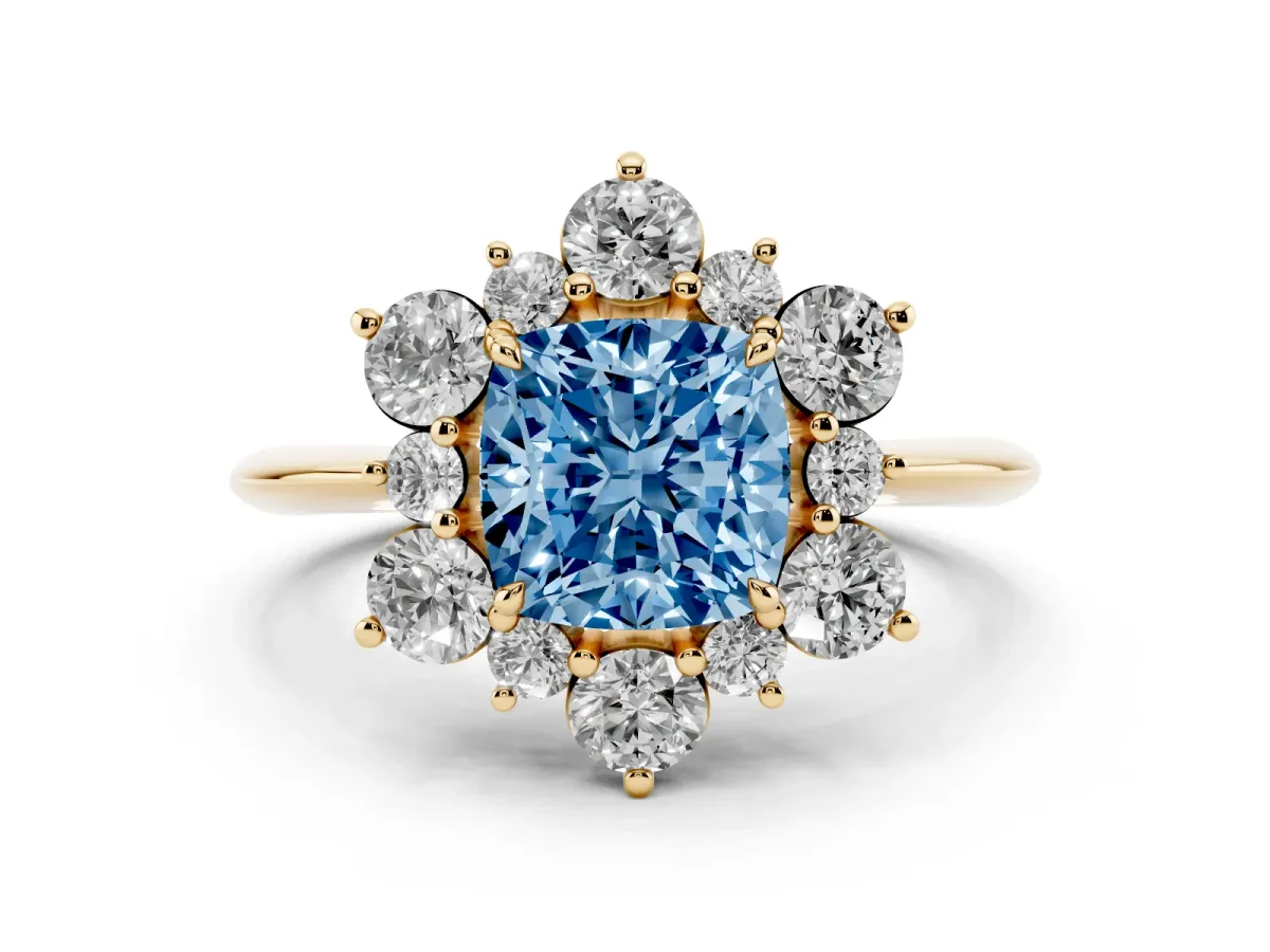 Fancy Blue Cushion Cut Diamond Cluster Halo Ring with Solitaire Band and Four-Prong Setting Yellow gold