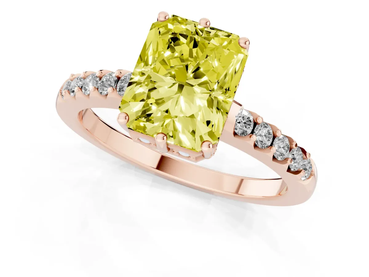 Fancy Yellow Radiant Cut Solitaire Diamond Engagement Ring with Pavé Band and Six-Prong Setting Rose gold