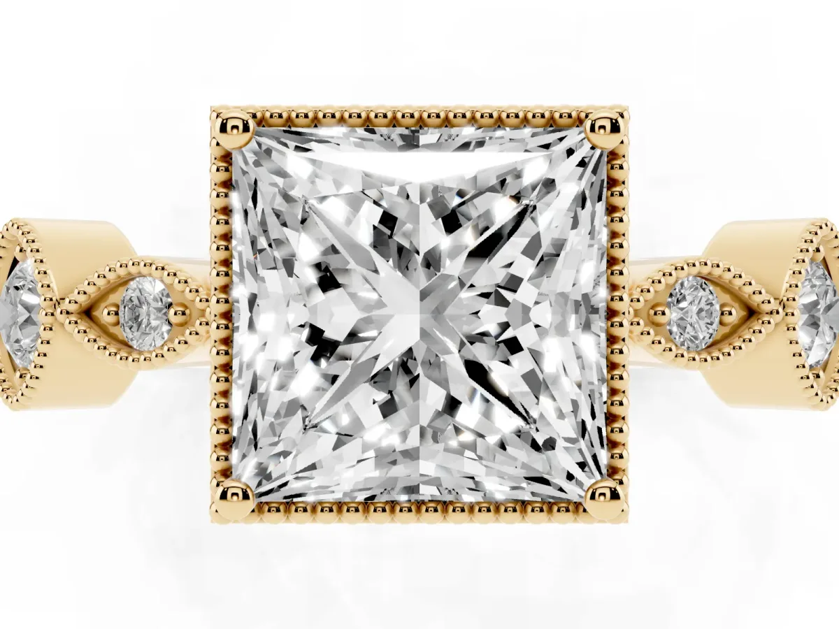 Princess Cut Diamond Vintage Milgrain Ring with Round Stations Yellow gold