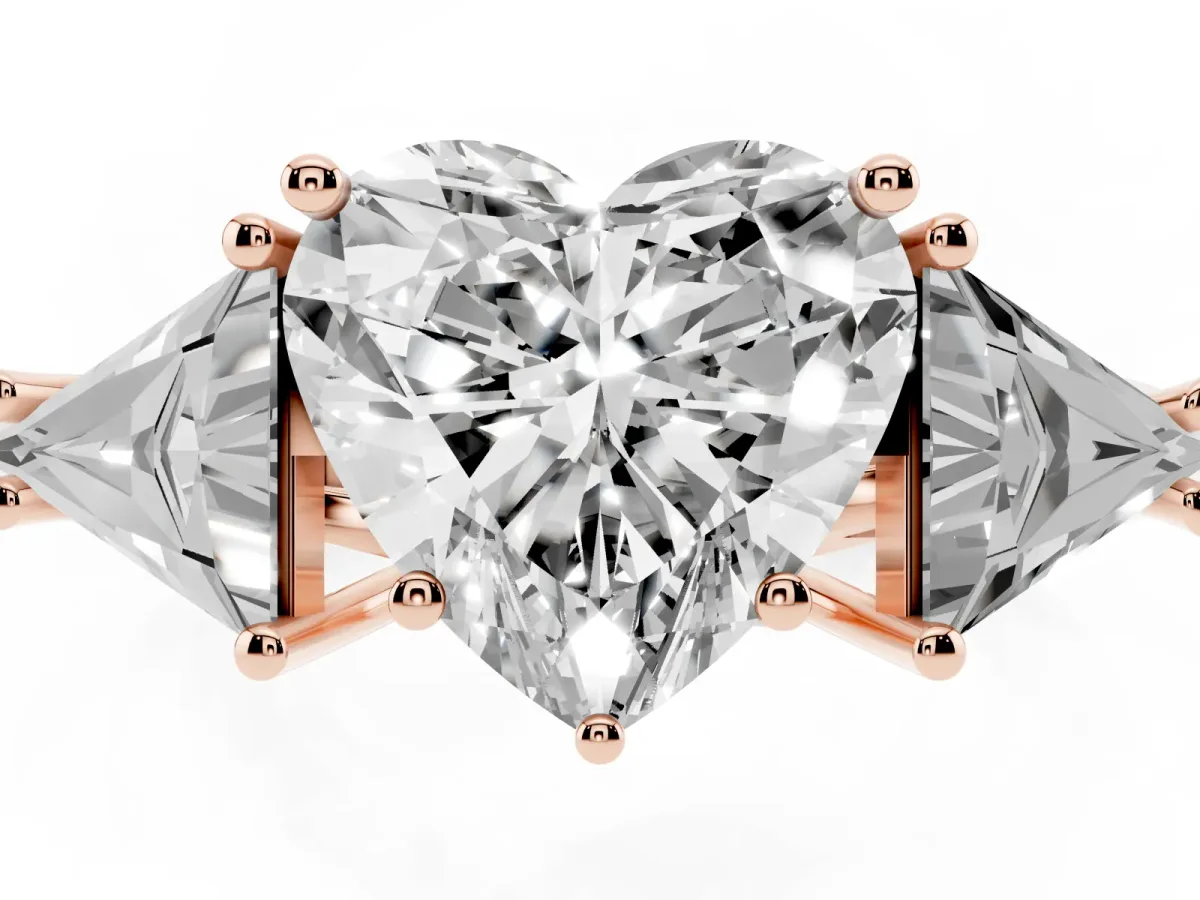 Three-Stone Heart Cut Diamond Engagement Ring with Trillion Side Stones and Prong Setting Rose gold