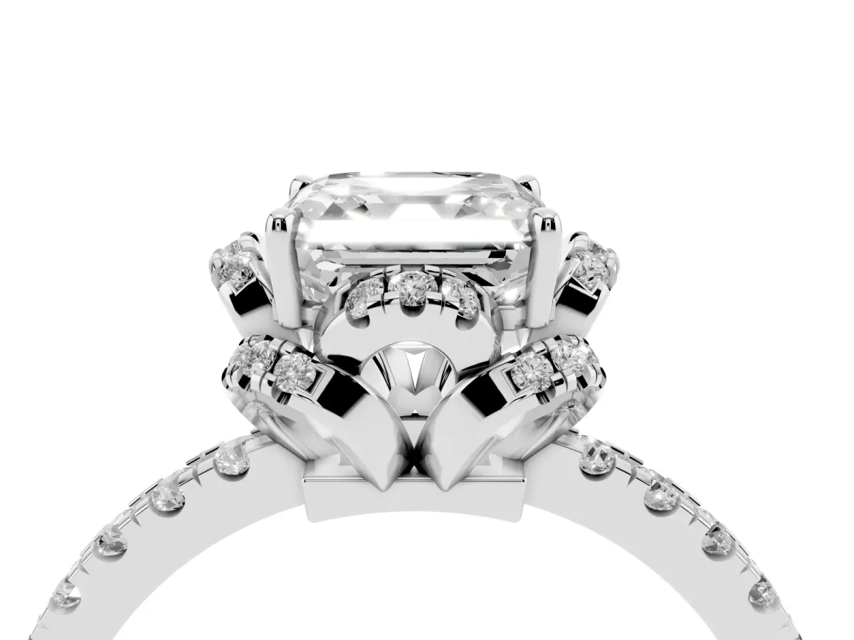 Asscher Cut Halo Diamond Pave Band Ring with Four-Prong Setting Silver