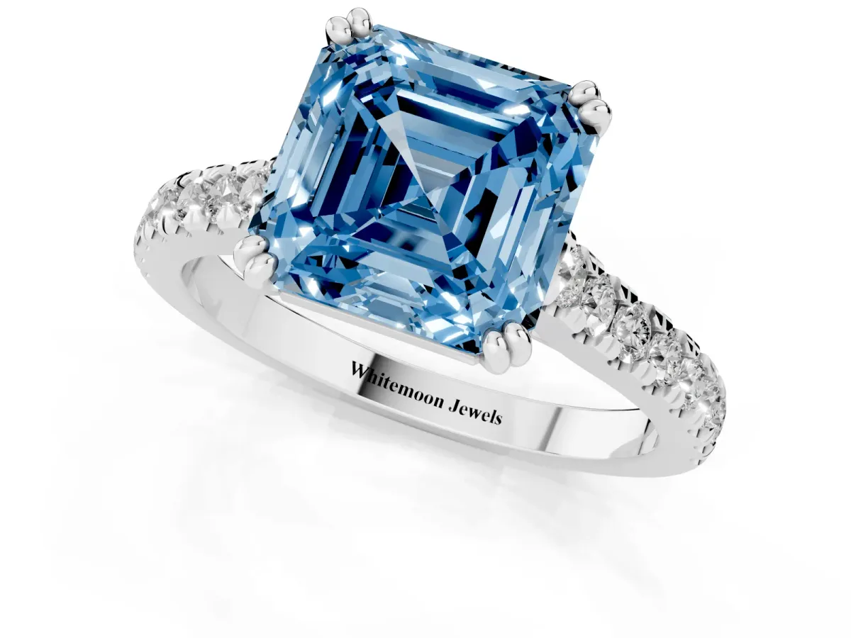 Fancy Blue Asscher Cut Solitaire Pave Diamond Engagement Ring with Prong Setting Silver
