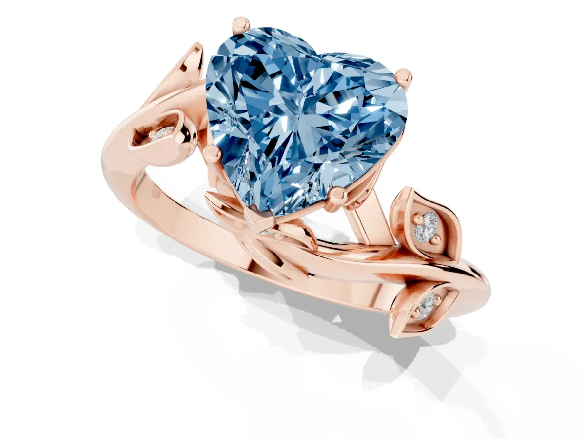 Fancy Blue Heart Cut Solitaire Twist Engagement Ring with Leaf Accents and Prong Setting Rose gold