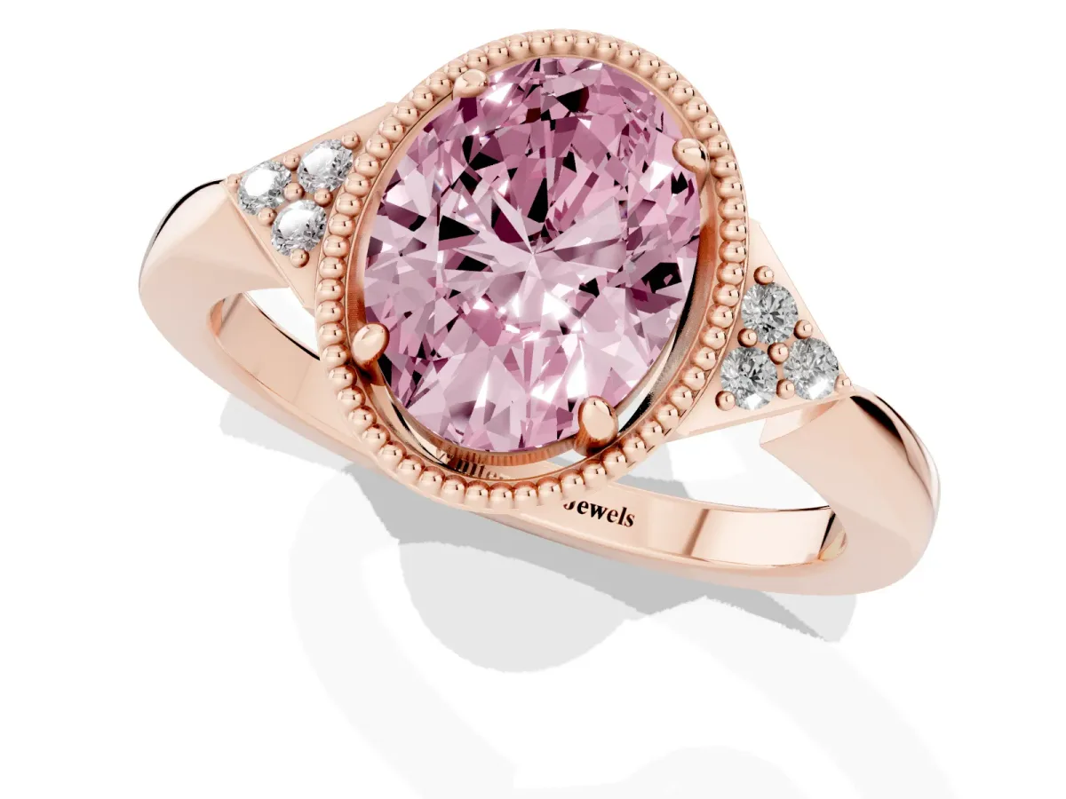 Fancy Pink Oval Cut Diamond Halo Ring with Tapered Band and Four-Prong Setting Rose gold