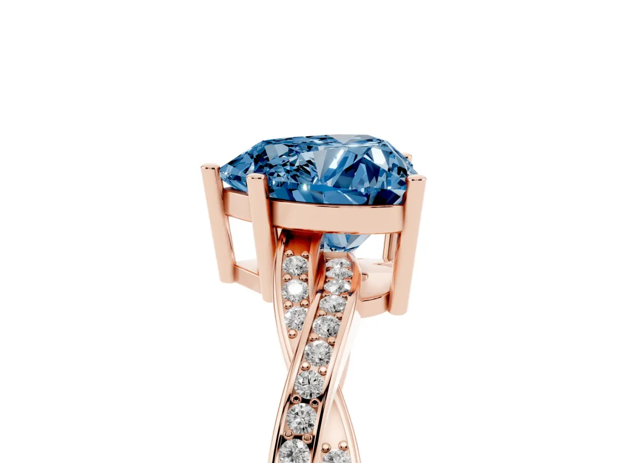Fancy Blue Heart Cut Solitaire Twisted Pave Diamond Ring with Four-Prong Setting Rose gold