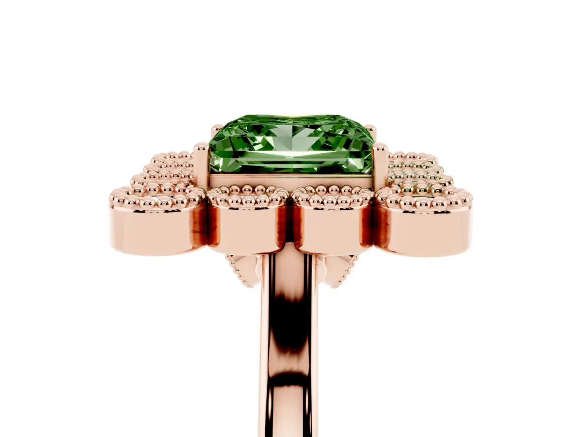 Fancy Green Princess Cut Halo Diamond Cluster Engagement Ring with Milgrain Bezel Setting and Solitaire Band Rose gold