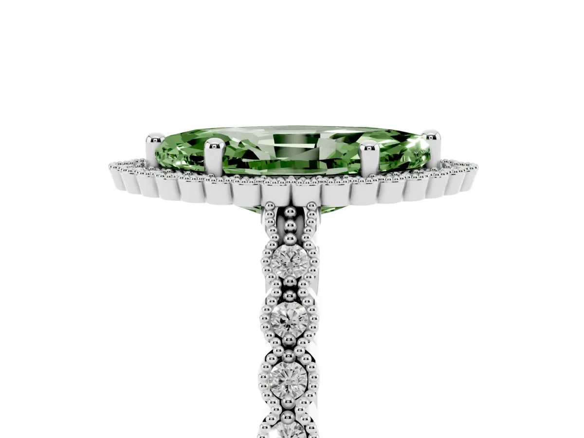Fancy Green Marquise Cut Cut Halo Pavé Solitaire Ring with Milgrain Band Silver