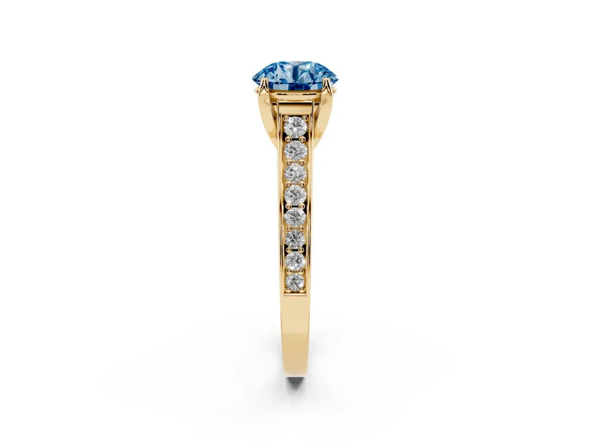 Fancy Blue Round Cut Brilliant Cut Diamond Engagement Ring with Pavé Band and Four-Prong Setting Yellow gold