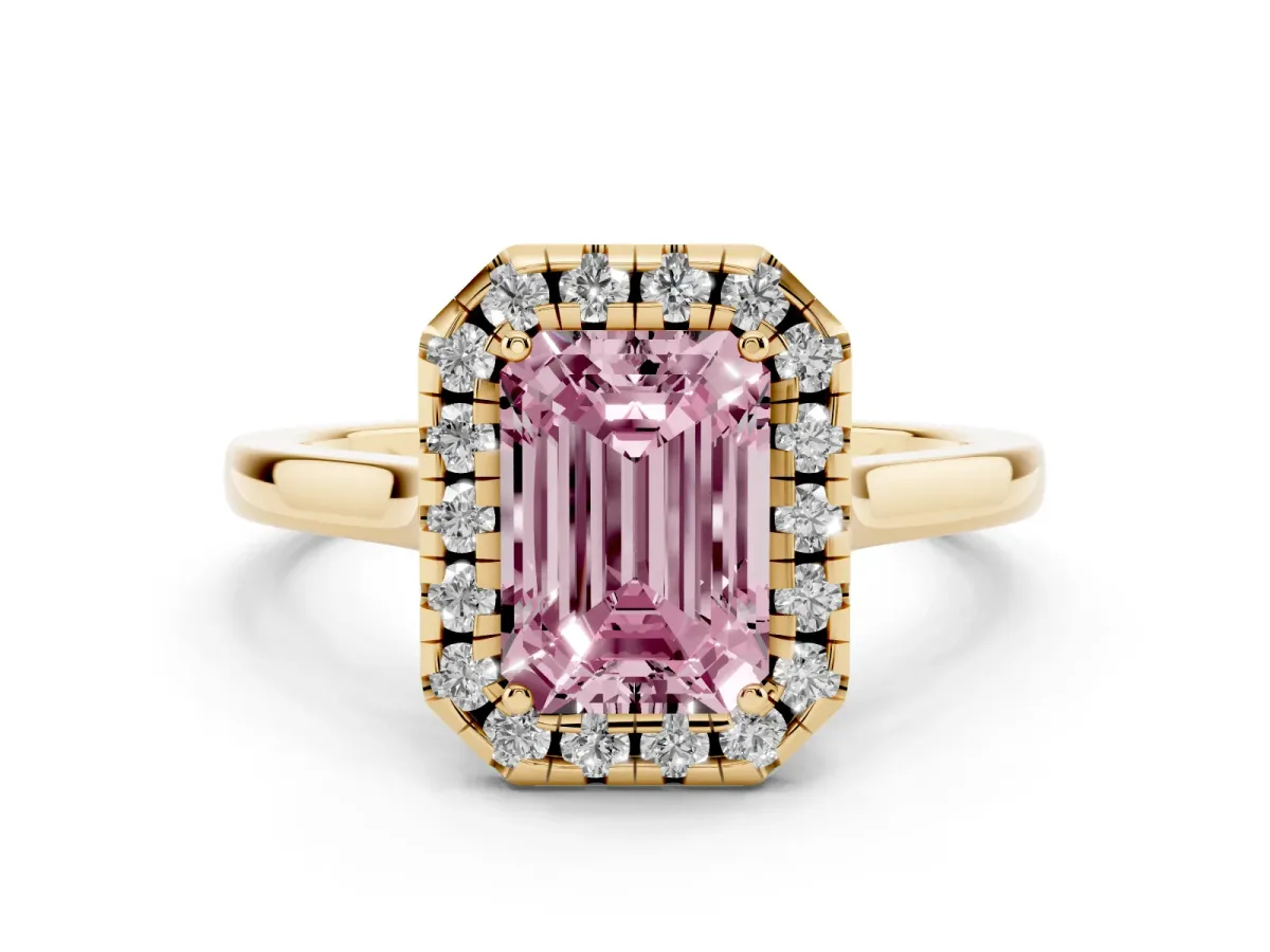 Fancy Pink Emerald Cut Halo Round Diamond Solitaire Ring with Pavé Band and Four-Prong Setting Yellow gold