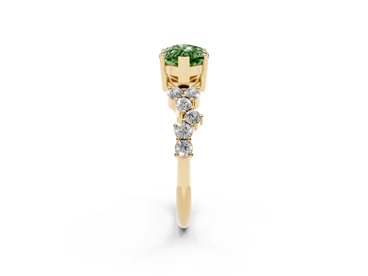 Fancy Green Marquise Cut Diamond Scattered Round Accent Ring with Prong Setting Yellow gold