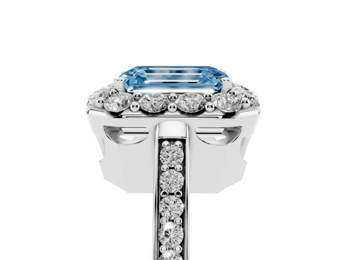 Fancy Blue Emerald Cut Diamond Floral Halo Ring with Pavé Band and Prong Setting White gold