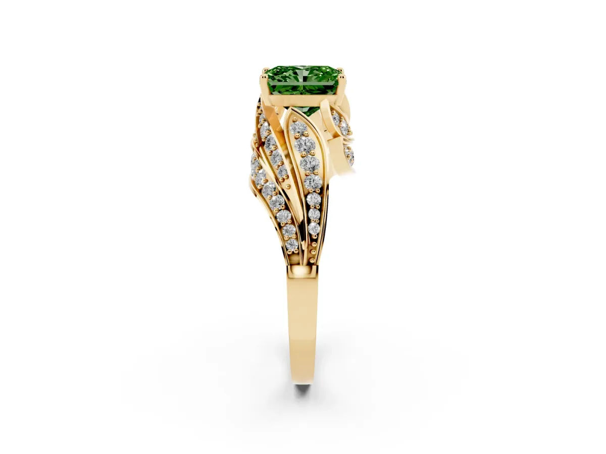 Fancy Green Radiant Cut Diamond Solitaire Ring with Prong Setting and Twisted Pavé Band Yellow gold