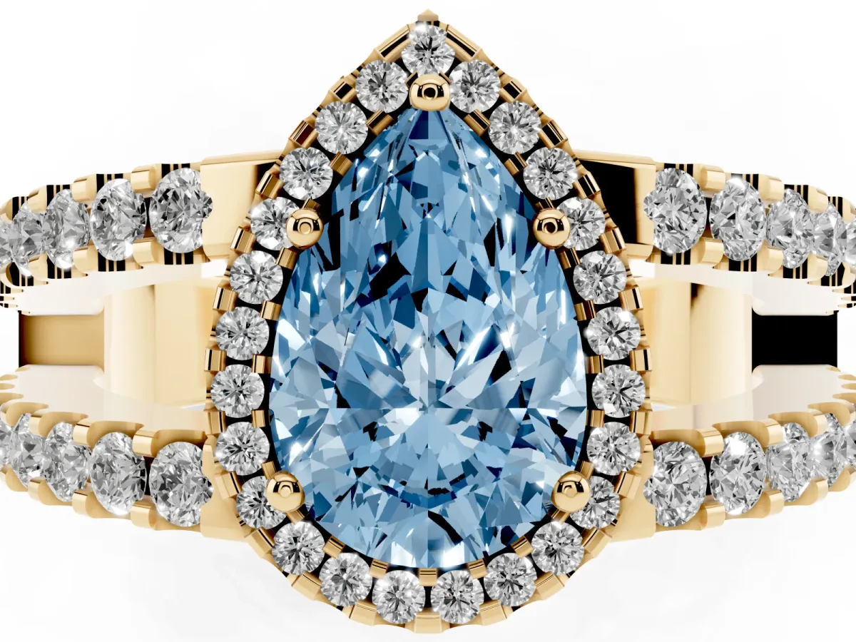 Fancy Blue Pear Cut Cut Halo Split Shank Diamond Ring with Four-Prong Setting Yellow gold