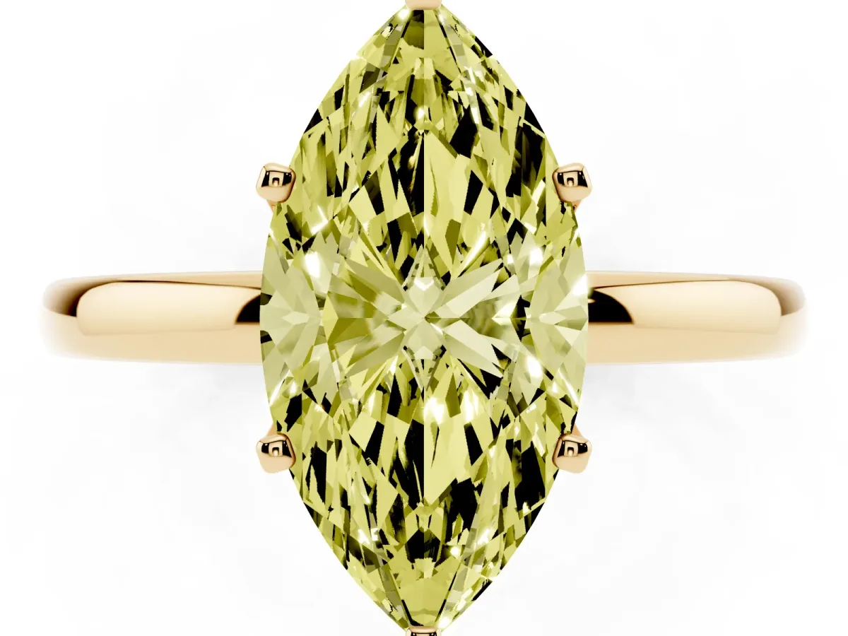 Fancy Yellow Marquise Cut Solitaire Diamond Ring with Six-Prong Setting on a Classic Band Yellow gold