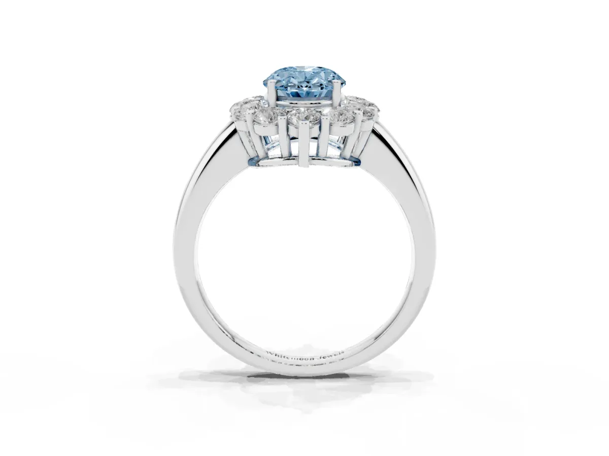 Fancy Blue Oval Cut Halo Cluster Diamond Engagement Ring with Prong Setting and Polished Band Silver